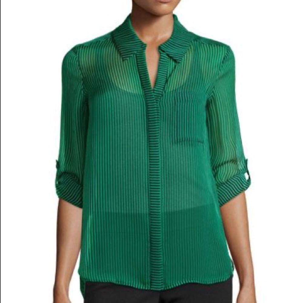 Diane von Furstenberg Green & Navy Striped Sheer Blouse